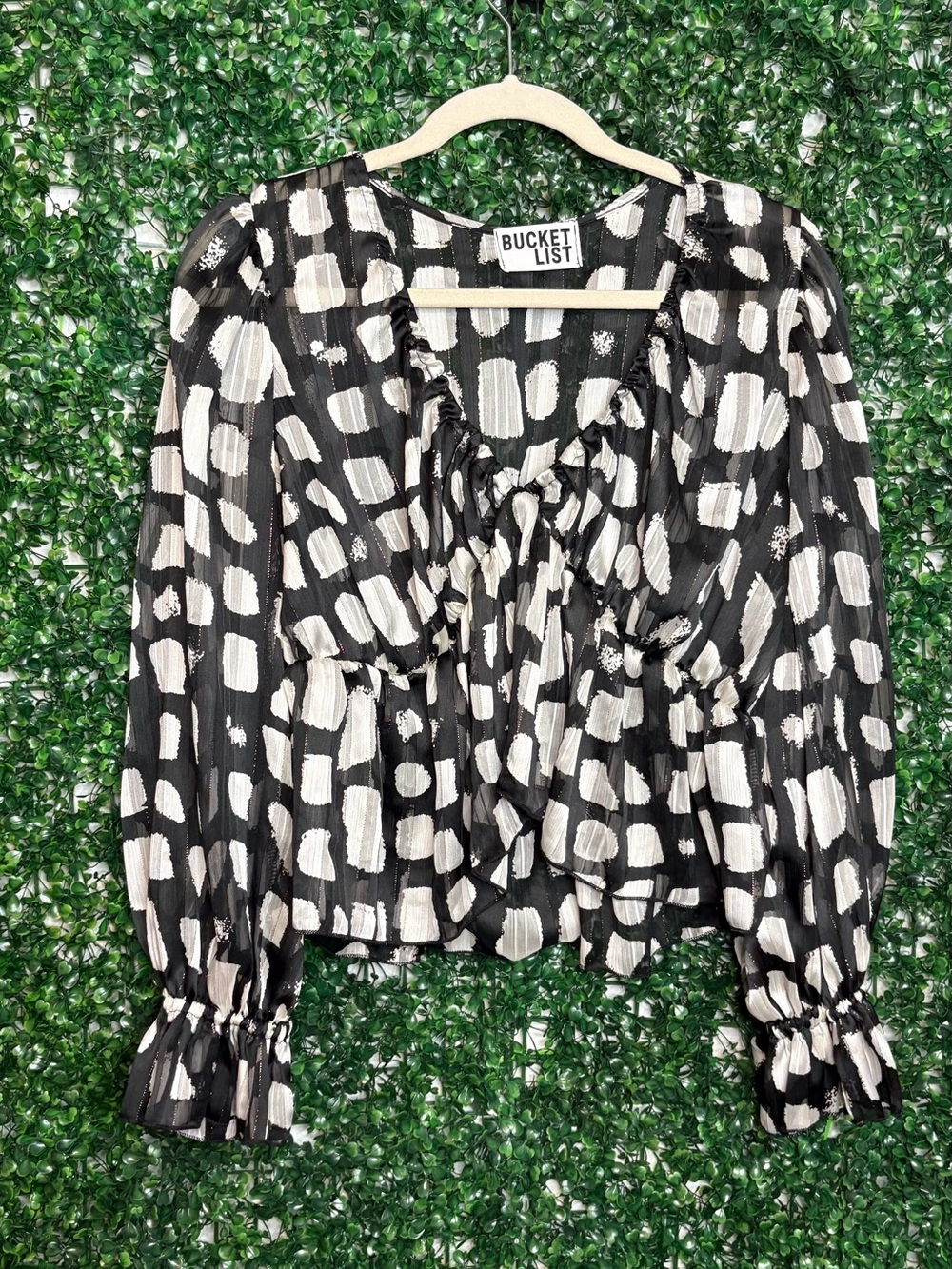 BUCKETLIST Black and Cream Brushstroke Ruffle Blouse